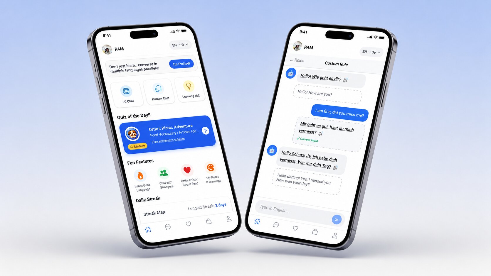 Ortio chat and AI roleplay screens