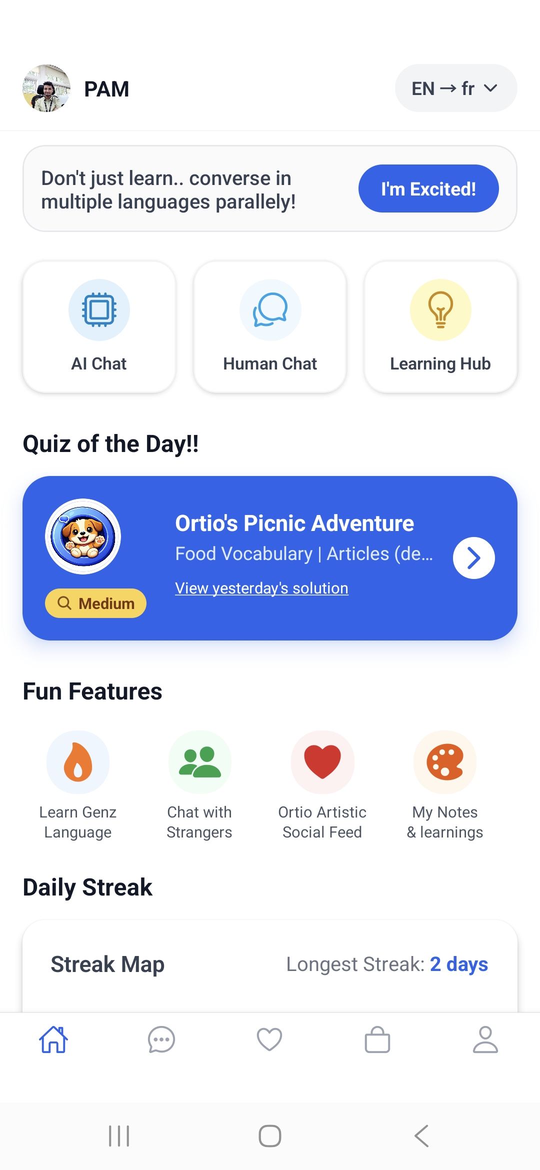 Ortio streak tracker and daily quiz